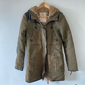 Zara fur Parka Jacket Olive Green Size XS